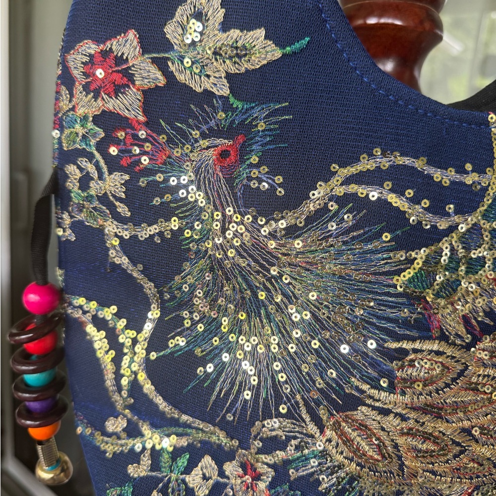 Blue Tote Hand Bag with Intricate Phoenix Design and Side Beads. - Picture 5 of 11